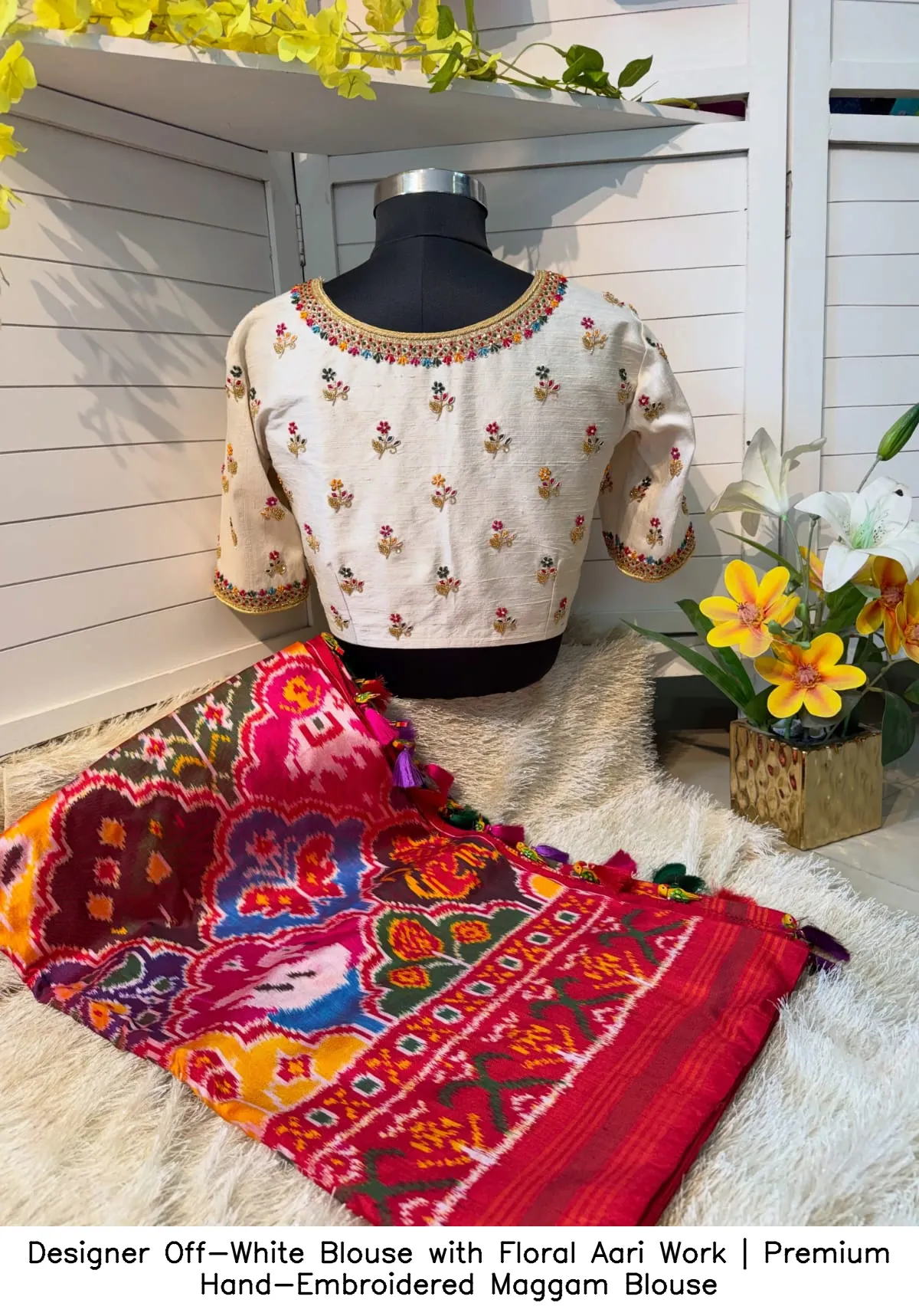Designer Off-White Blouse with Floral Aari Work | Premium Hand-Embroidered Maggam Blouse 3