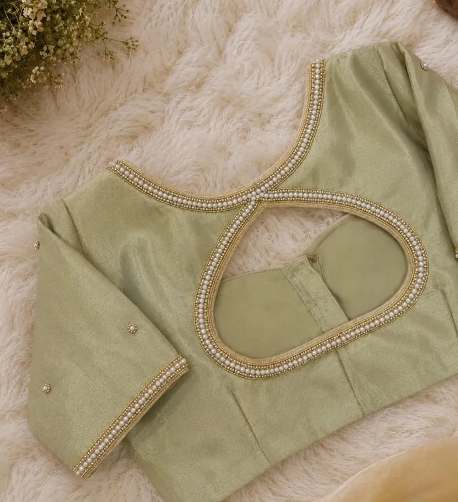 Designer Pastel Green Silk Blouse | Elegant Pearl & Stone Handwork for Weddings & Festivals