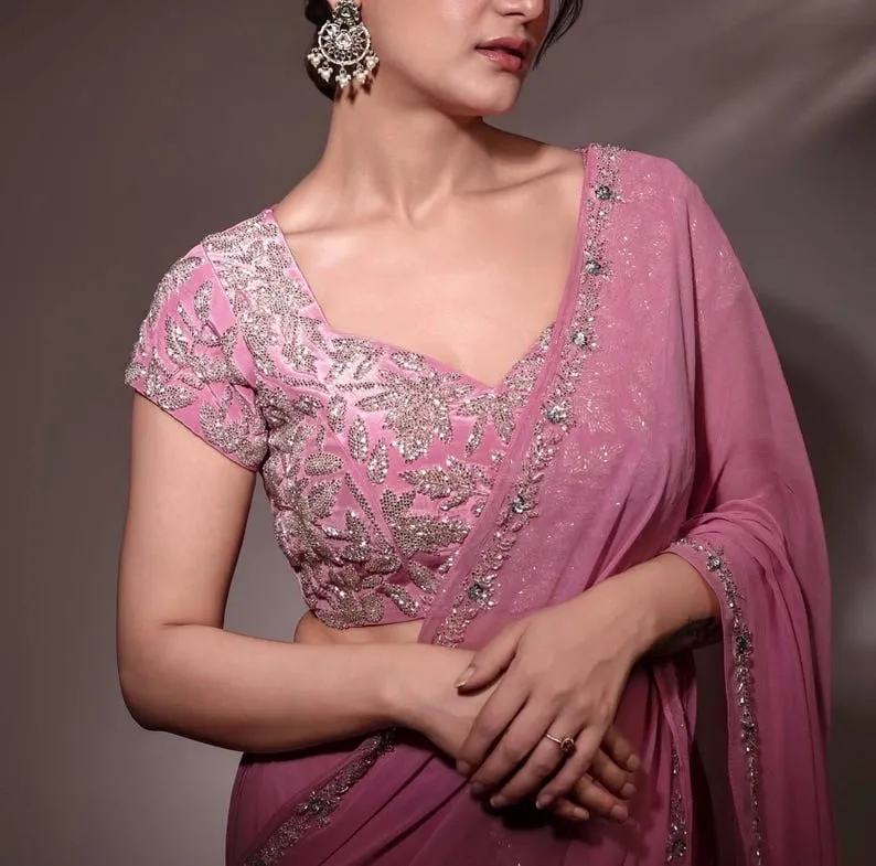 Designer Pink Saree Gown | Heavy Hand-Embroidered Blouse | Elegant Bridal & Festive Ethnic Wear