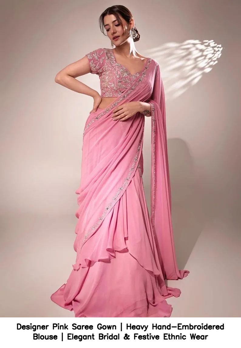 Designer Pink Saree Gown | Heavy Hand-Embroidered Blouse | Elegant Bridal & Festive Ethnic Wear 2