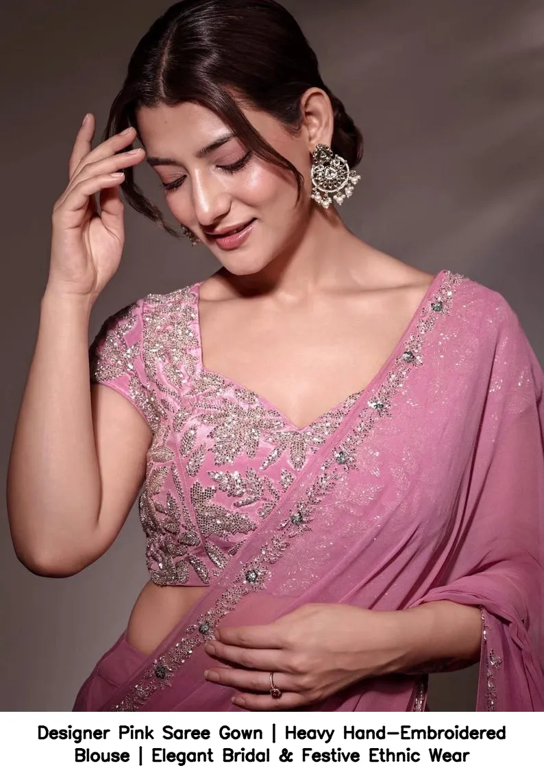 Designer Pink Saree Gown | Heavy Hand-Embroidered Blouse | Elegant Bridal & Festive Ethnic Wear 3
