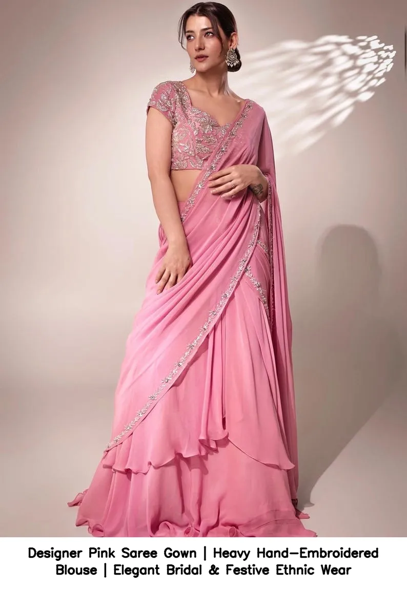 Designer Pink Saree Gown | Heavy Hand-Embroidered Blouse | Elegant Bridal & Festive Ethnic Wear 4
