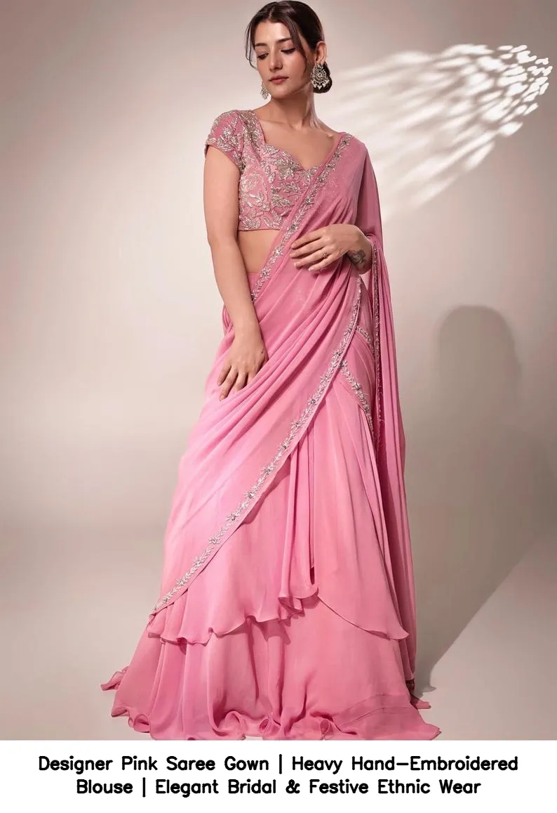 Designer Pink Saree Gown | Heavy Hand-Embroidered Blouse | Elegant Bridal & Festive Ethnic Wear 5