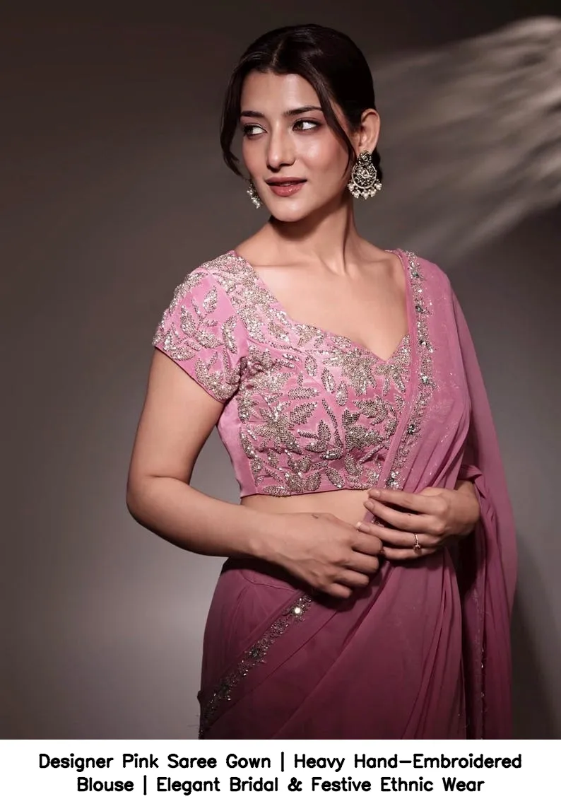 Designer Pink Saree Gown | Heavy Hand-Embroidered Blouse | Elegant Bridal & Festive Ethnic Wear 6