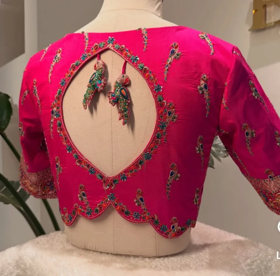 Designer Pink Silk Blouse with Intricate Parrot Motif Hand Embroidery