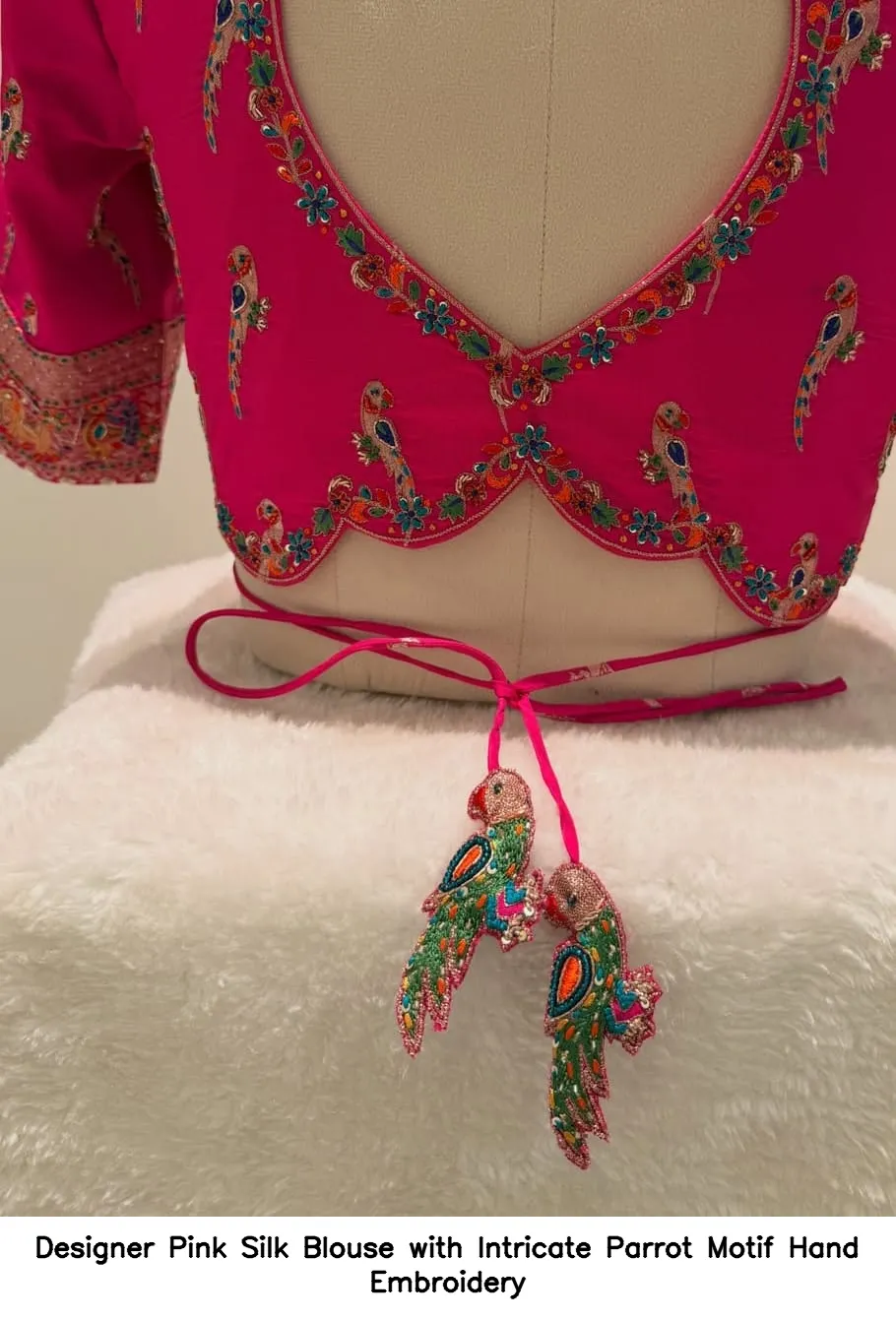 Designer Pink Silk Blouse with Intricate Parrot Motif Hand Embroidery 2