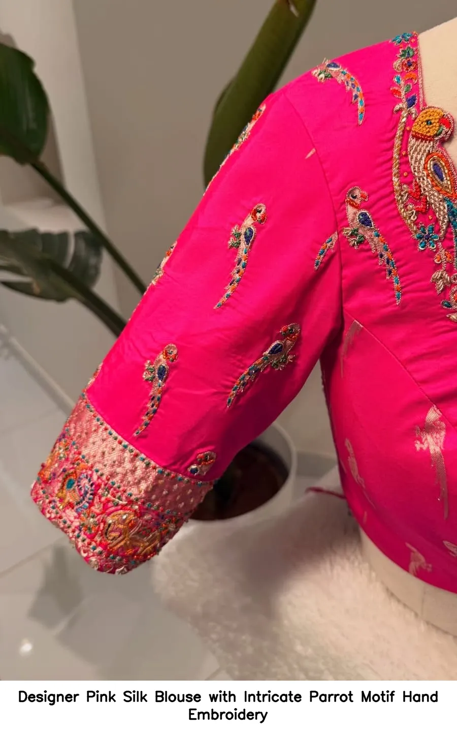 Designer Pink Silk Blouse with Intricate Parrot Motif Hand Embroidery 3