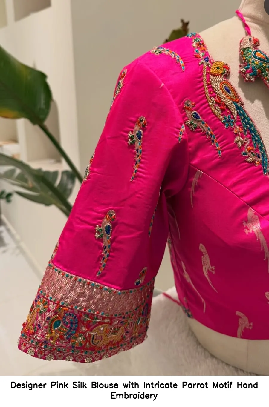 Designer Pink Silk Blouse with Intricate Parrot Motif Hand Embroidery 4