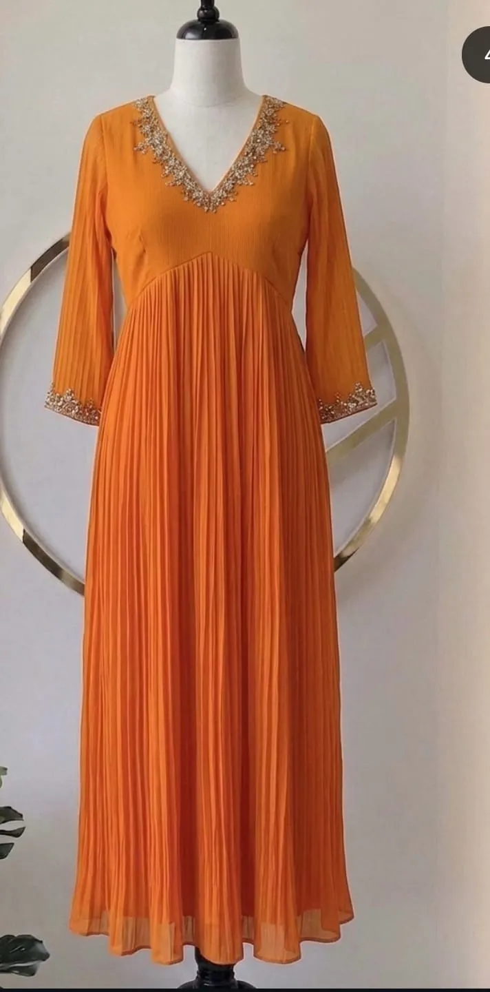 Designer Pleated A-Line Kurta Set - Embellished V-Neck Orange Ethnic Gown for Parties