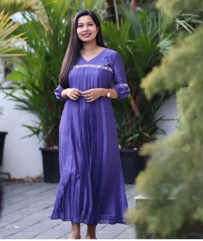 Designer Purple Chanderi Dress – Floral Embroidered V-Neck Casual & Party Wear