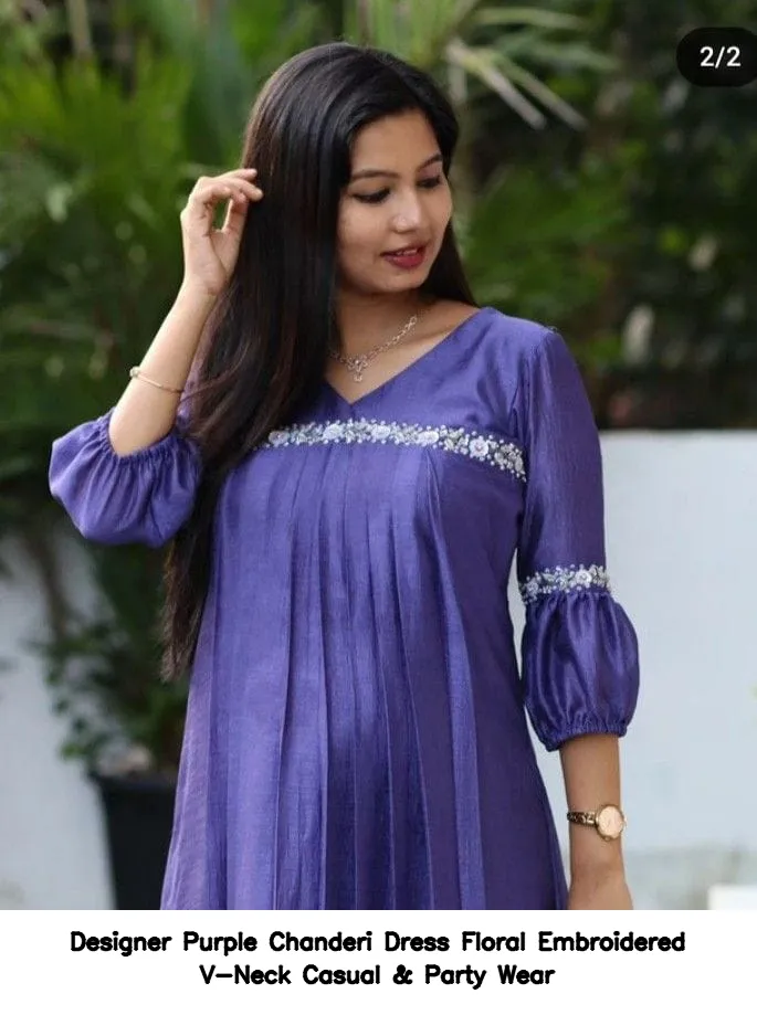Designer Purple Chanderi Dress – Floral Embroidered V-Neck Casual & Party Wear 2