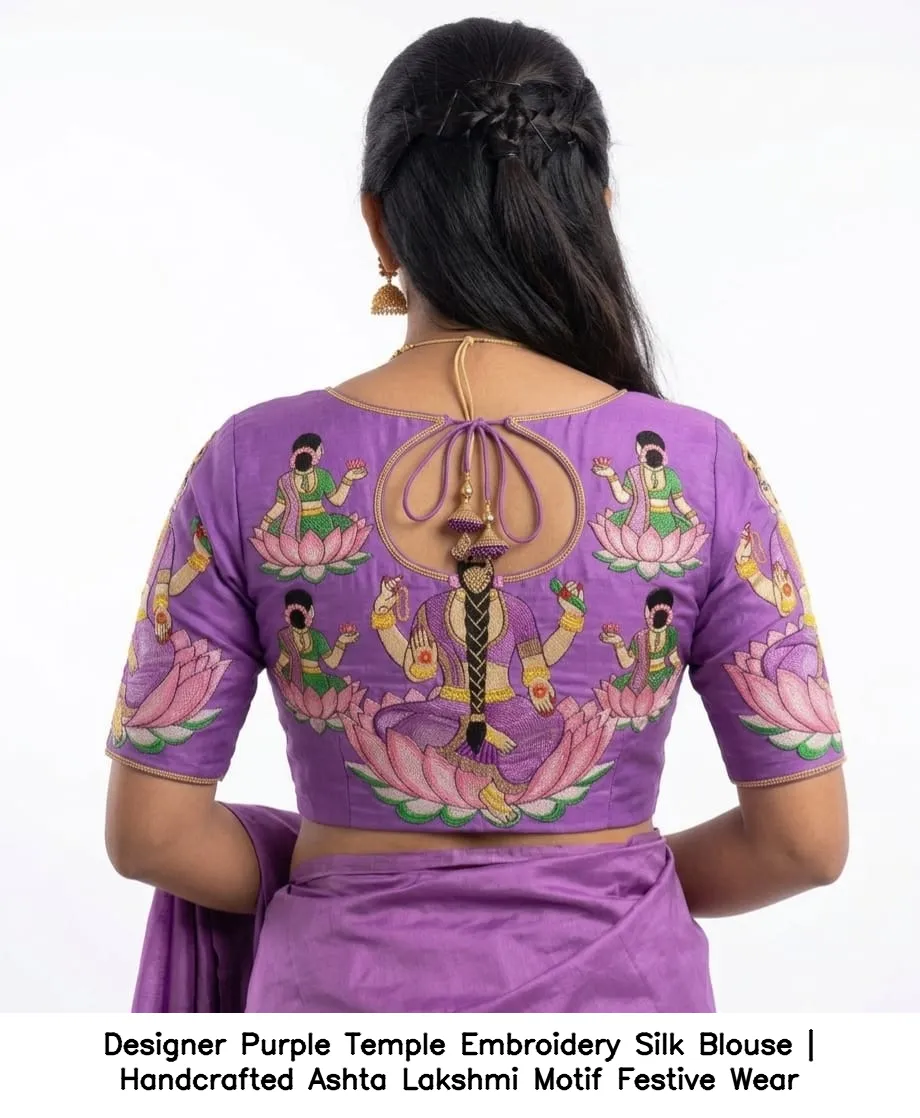 Designer Purple Temple Embroidery Silk Blouse | Handcrafted Ashta Lakshmi Motif Festive Wear 2