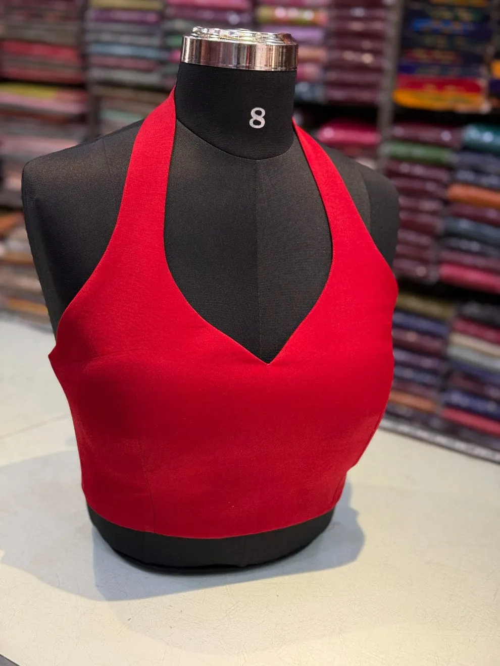 Designer Red Halter Neck Saree Blouse – Elegant Ready-to-Wear Backless Blouse 1