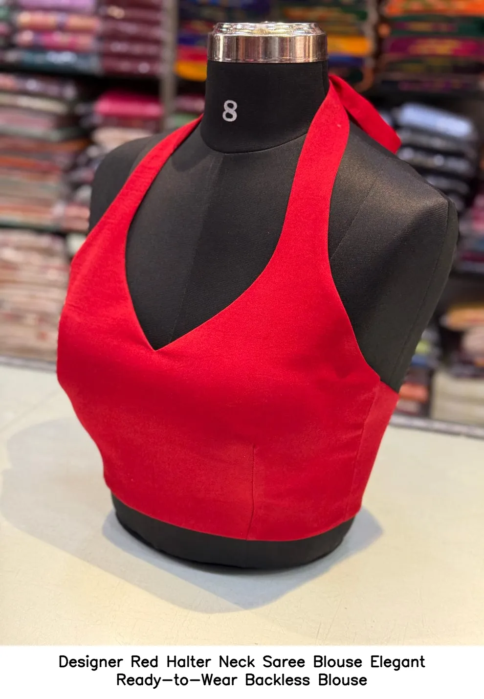 Designer Red Halter Neck Saree Blouse – Elegant Ready-to-Wear Backless Blouse 3