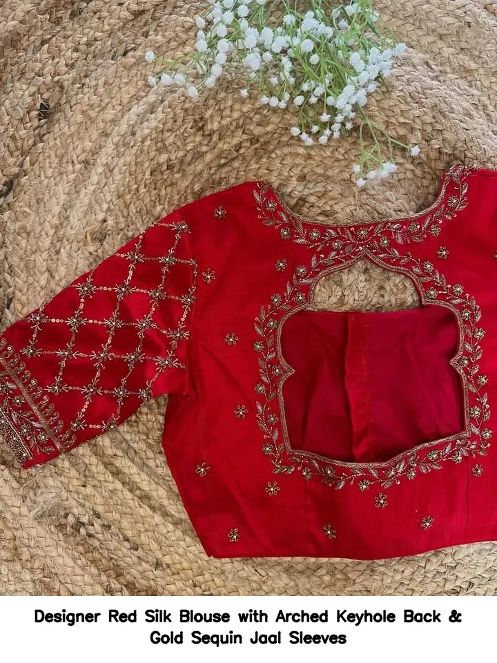 Designer Red Silk Blouse with Arched Keyhole Back & Gold Sequin Jaal Sleeves 2
