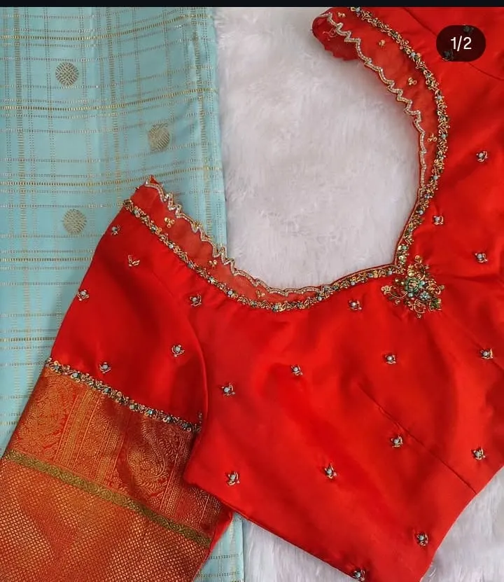 Designer Red Silk Blouse with Scalloped Organza Border & Turquoise Zardosi Work