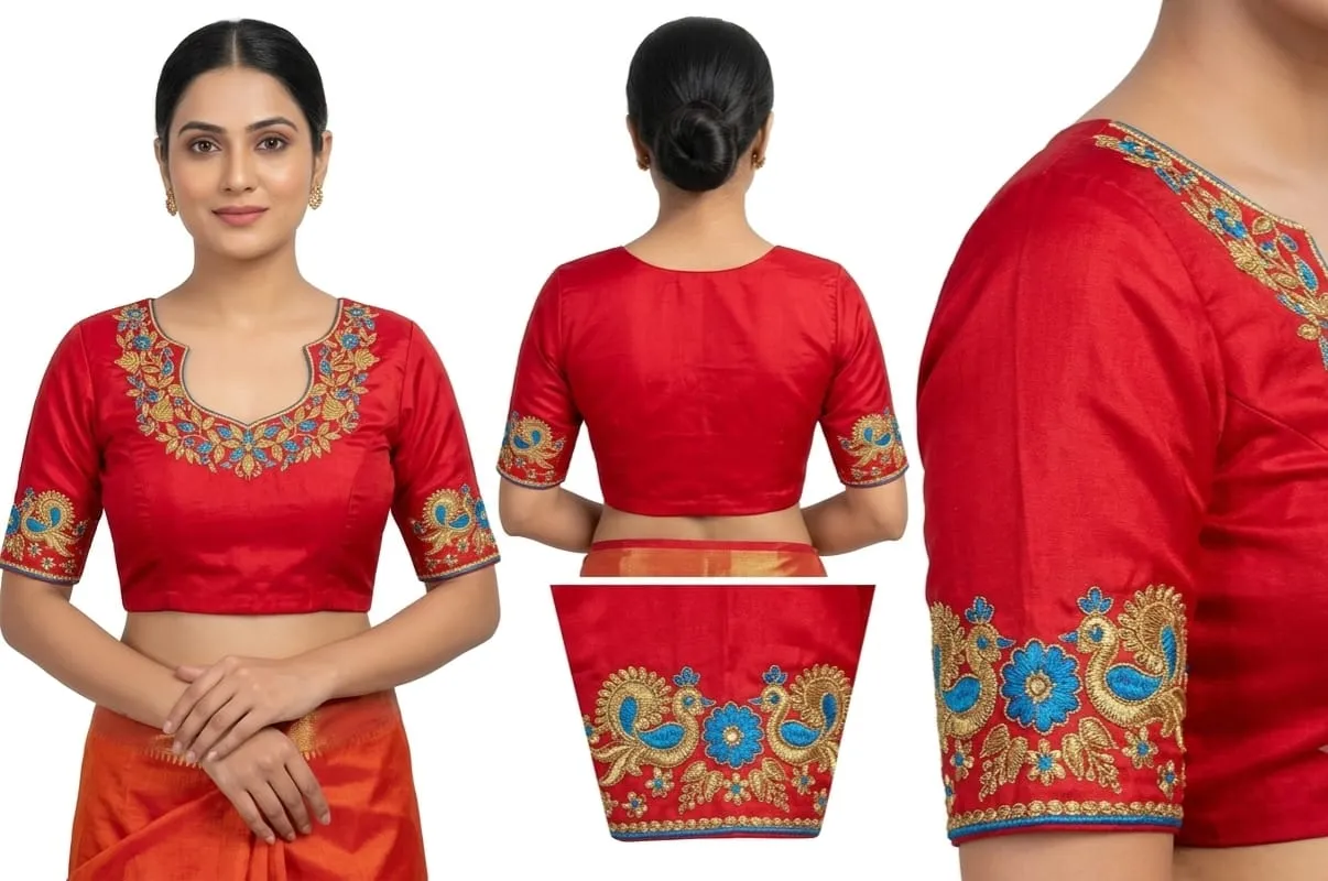 Designer Red Silk Peacock Motif Embroidered Readymade Saree Blouse with Elbow Sleeves