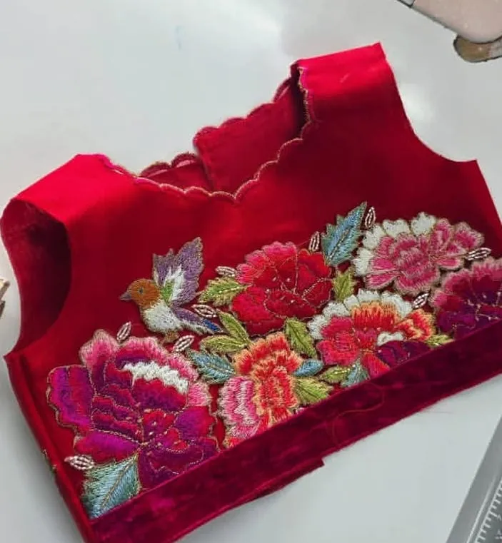 Designer Red Velvet Floral Embroidered Saree Blouse | Scalloped Neck Bird Motif Maggam Work Blouse | Readymade Bridal Lehenga Top 1