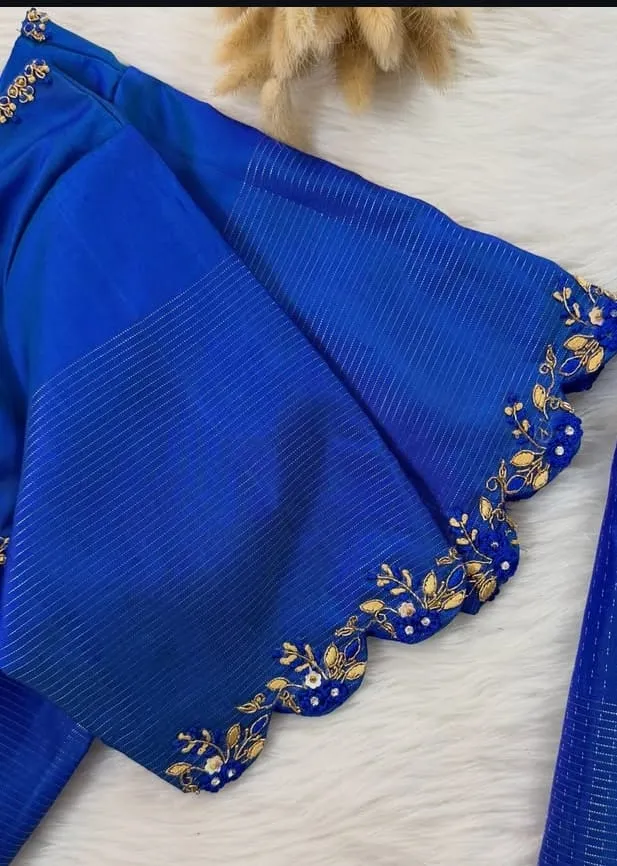 Designer Royal Blue Silk Saree Blouse with Floral Aari Work & Cutwork Sleeves