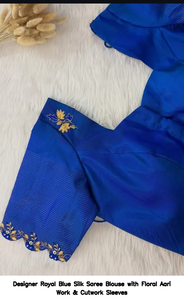 Designer Royal Blue Silk Saree Blouse with Floral Aari Work & Cutwork Sleeves 2