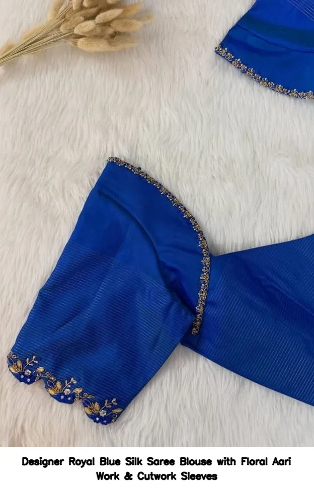 Designer Royal Blue Silk Saree Blouse with Floral Aari Work & Cutwork Sleeves 3
