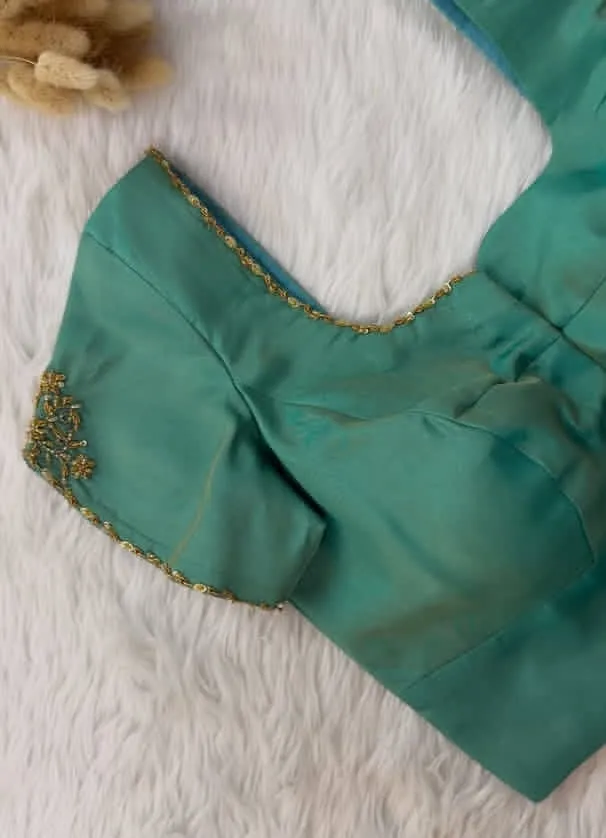 Designer Sea Green Silk Blouse with Minimalist Gold Zardosi & Bead Edging 1