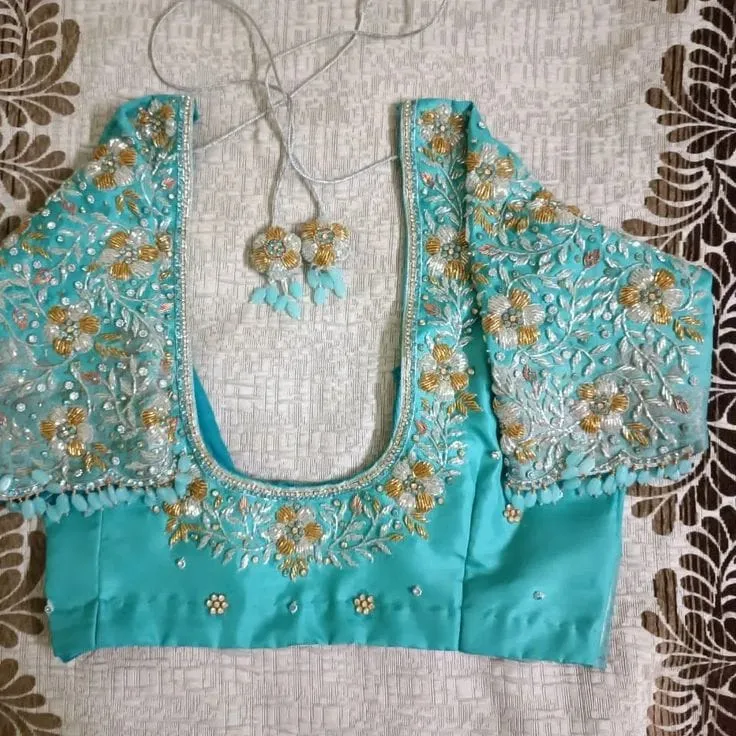 Designer Sky Blue Silk Blouse with Silver Floral Zardosi & Bead Hanging Borders 1
