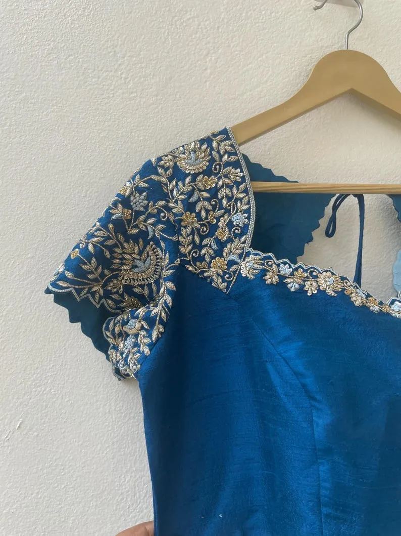 Designer Sky Blue Silk Saree with Heavy Zardosi Embroidered Dark Blue Blouse