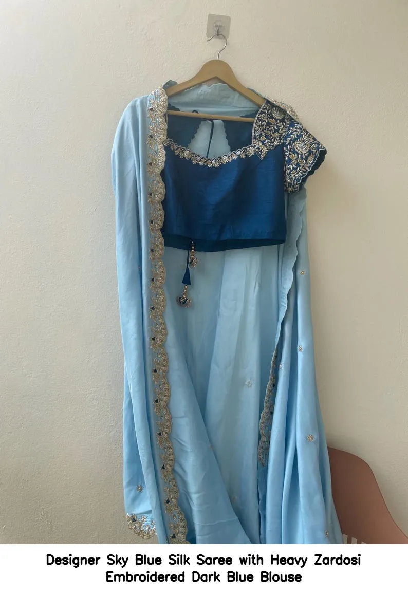Designer Sky Blue Silk Saree with Heavy Zardosi Embroidered Dark Blue Blouse 2