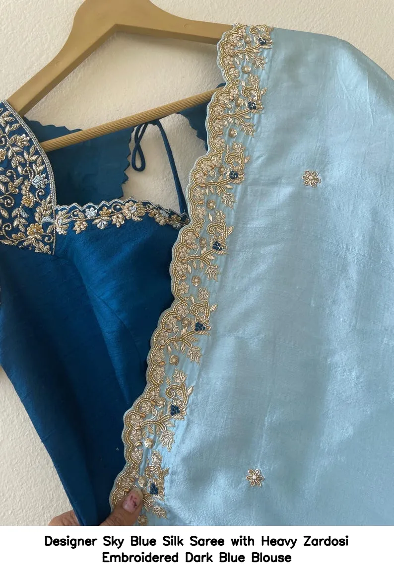 Designer Sky Blue Silk Saree with Heavy Zardosi Embroidered Dark Blue Blouse 3