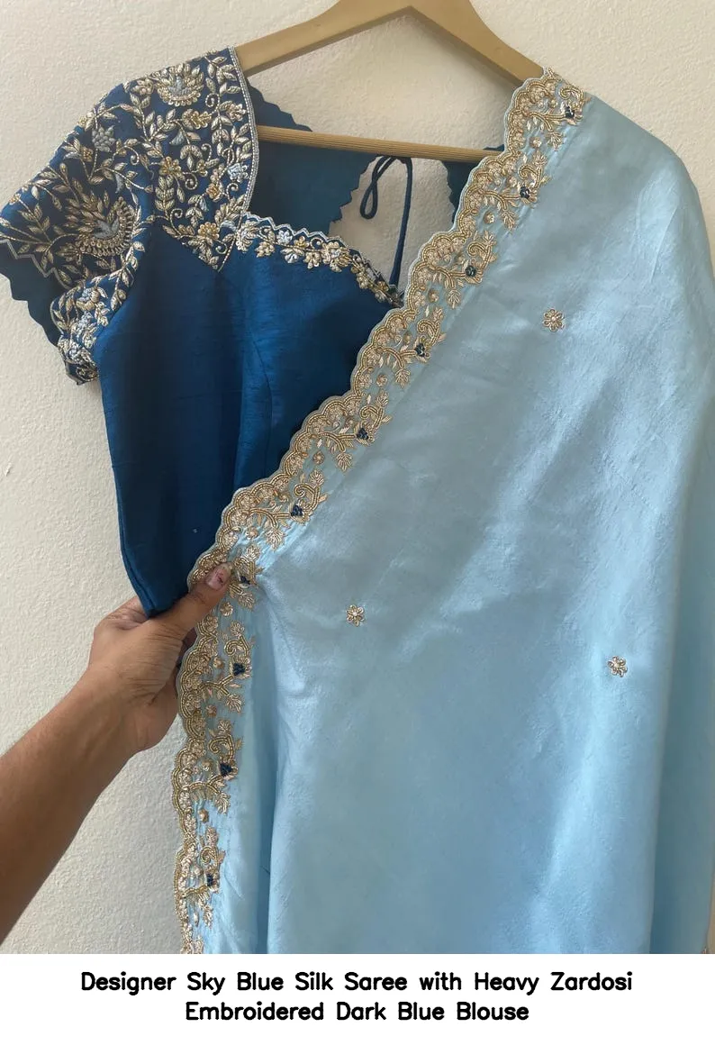 Designer Sky Blue Silk Saree with Heavy Zardosi Embroidered Dark Blue Blouse 4