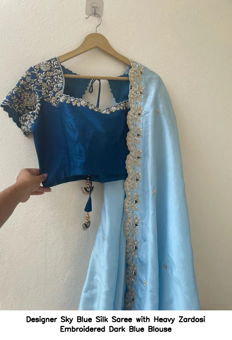 Designer Sky Blue Silk Saree with Heavy Zardosi Embroidered Dark Blue Blouse 5