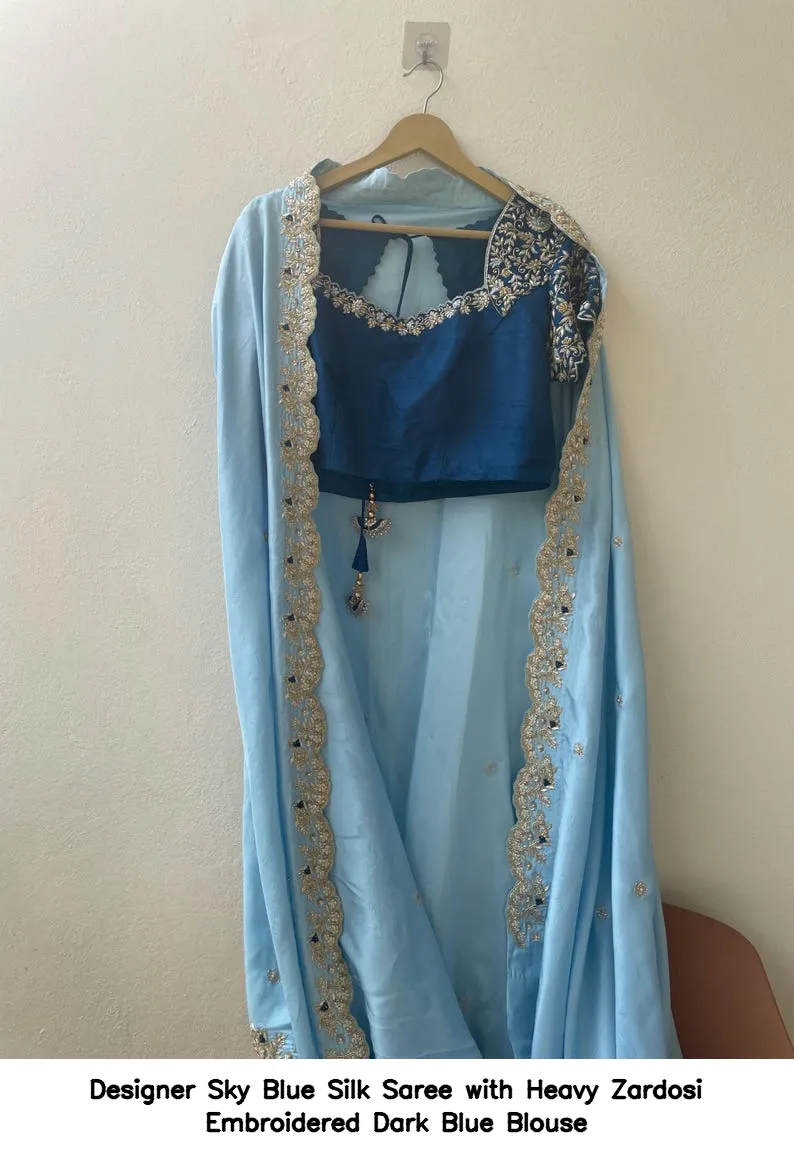 Designer Sky Blue Silk Saree with Heavy Zardosi Embroidered Dark Blue Blouse 7