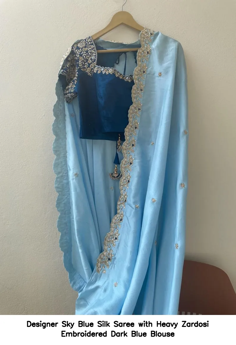 Designer Sky Blue Silk Saree with Heavy Zardosi Embroidered Dark Blue Blouse 8