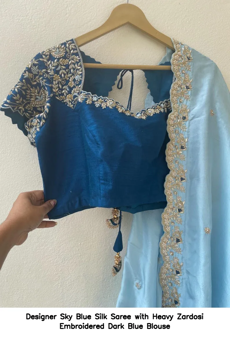 Designer Sky Blue Silk Saree with Heavy Zardosi Embroidered Dark Blue Blouse 9