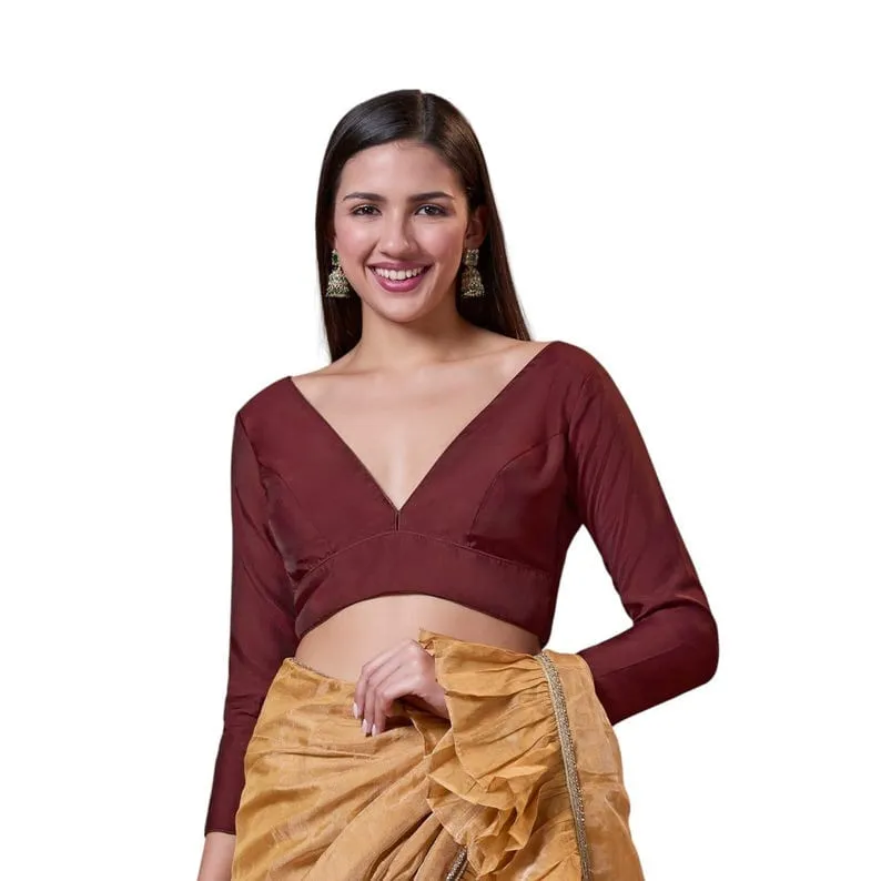 Designer Solid Color Silk Saree Blouse | Full-Sleeve Party Wear Ethnic Top 1