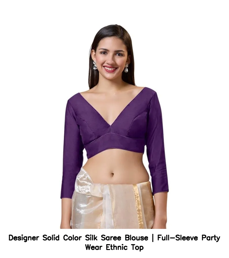 Designer Solid Color Silk Saree Blouse | Full-Sleeve Party Wear Ethnic Top 2