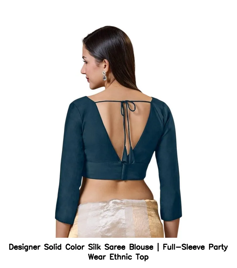 Designer Solid Color Silk Saree Blouse | Full-Sleeve Party Wear Ethnic Top 4