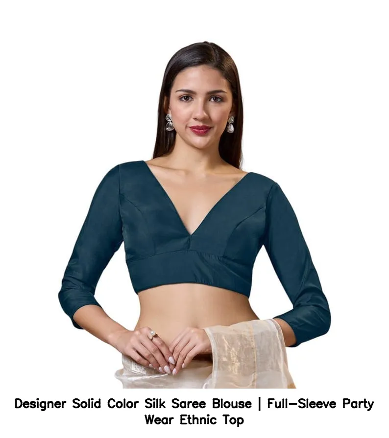 Designer Solid Color Silk Saree Blouse | Full-Sleeve Party Wear Ethnic Top 5