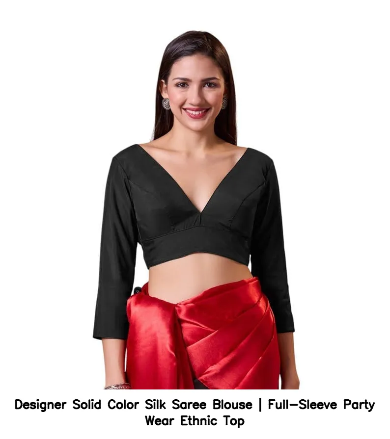 Designer Solid Color Silk Saree Blouse | Full-Sleeve Party Wear Ethnic Top 6