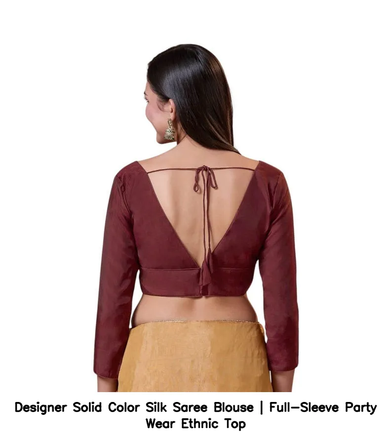 Designer Solid Color Silk Saree Blouse | Full-Sleeve Party Wear Ethnic Top 7