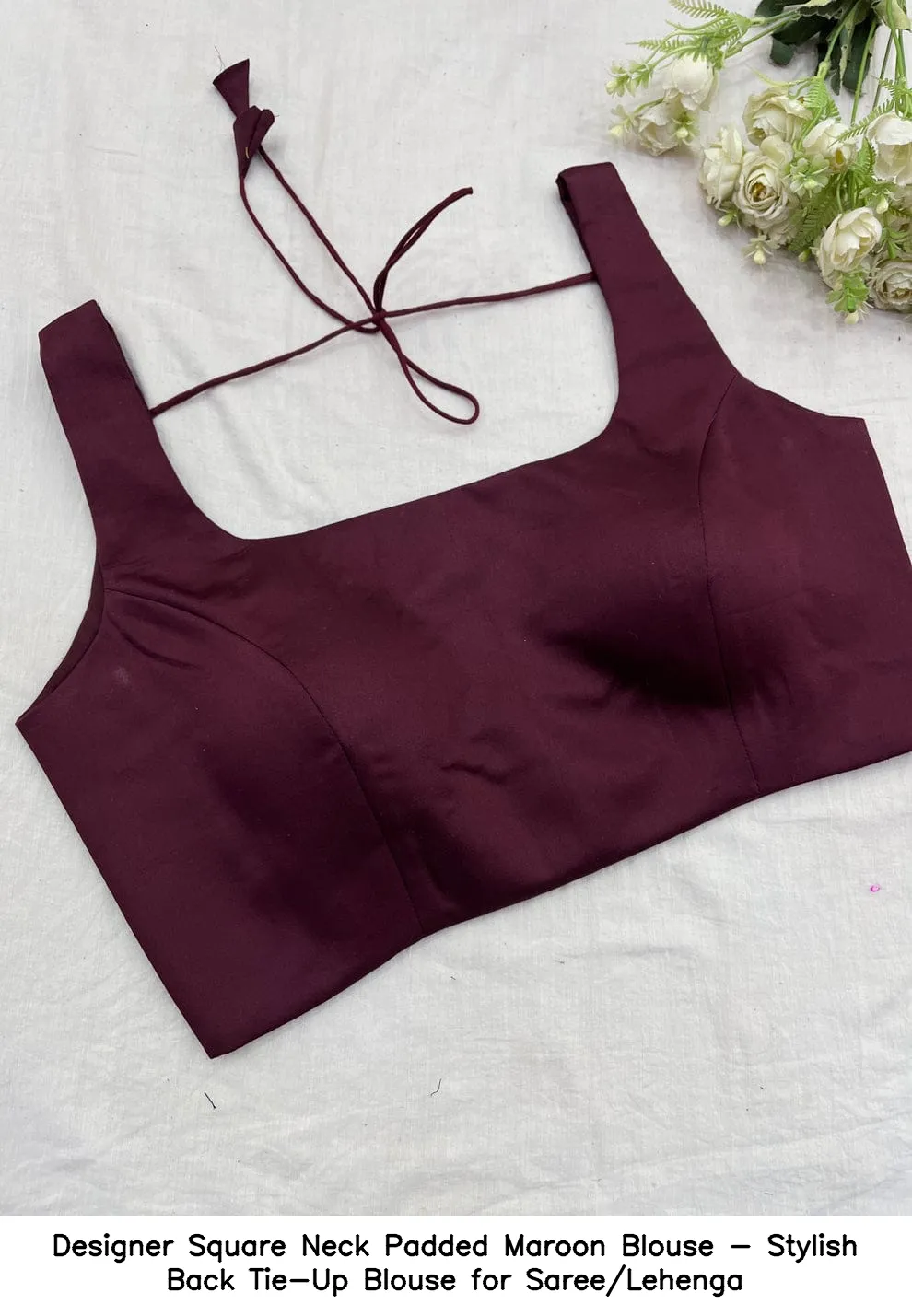 Designer Square Neck Padded Maroon Blouse - Stylish Back Tie-Up Blouse for Saree/Lehenga 2