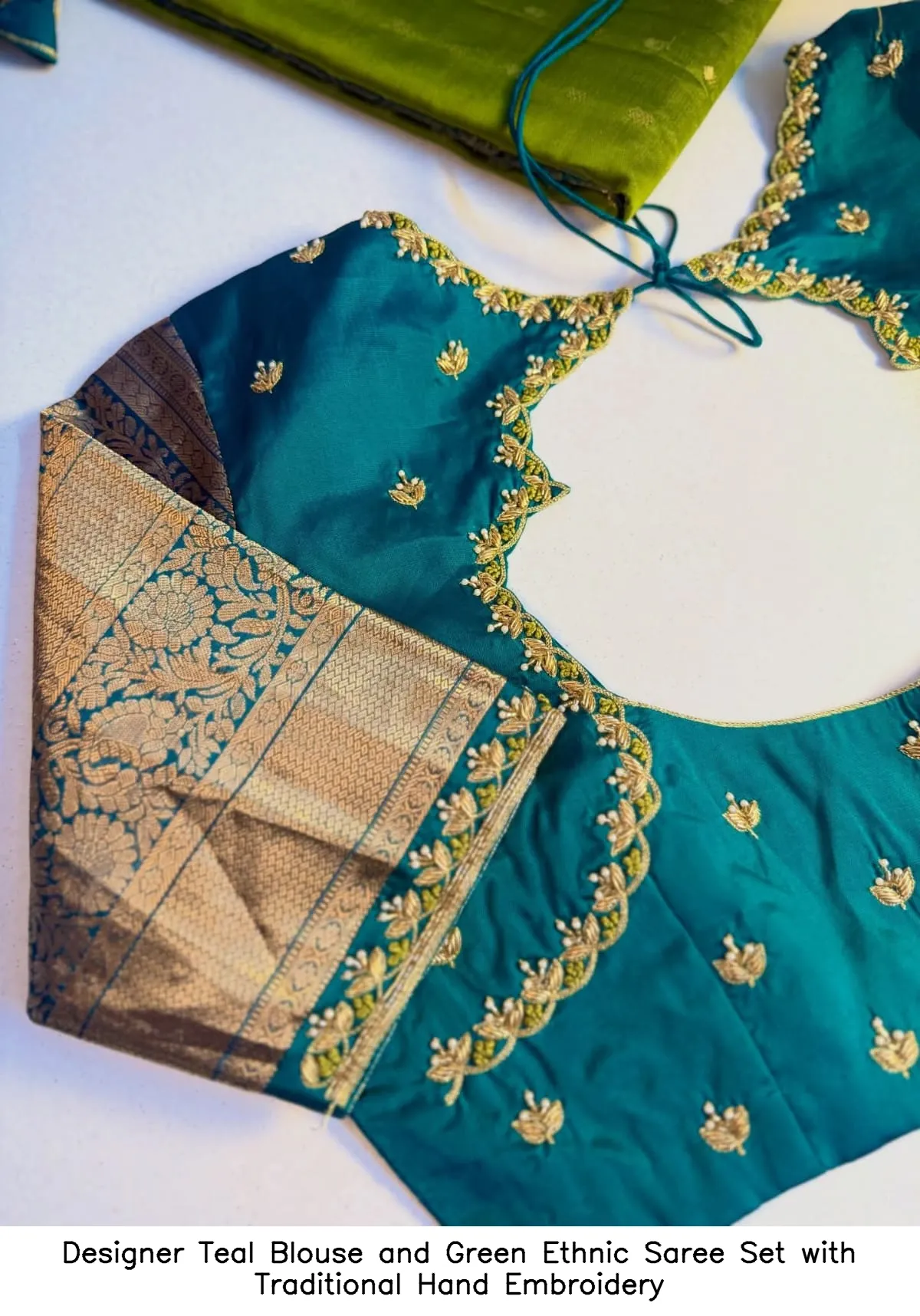 Designer Teal Blouse and Green Ethnic Saree Set with Traditional Hand Embroidery
