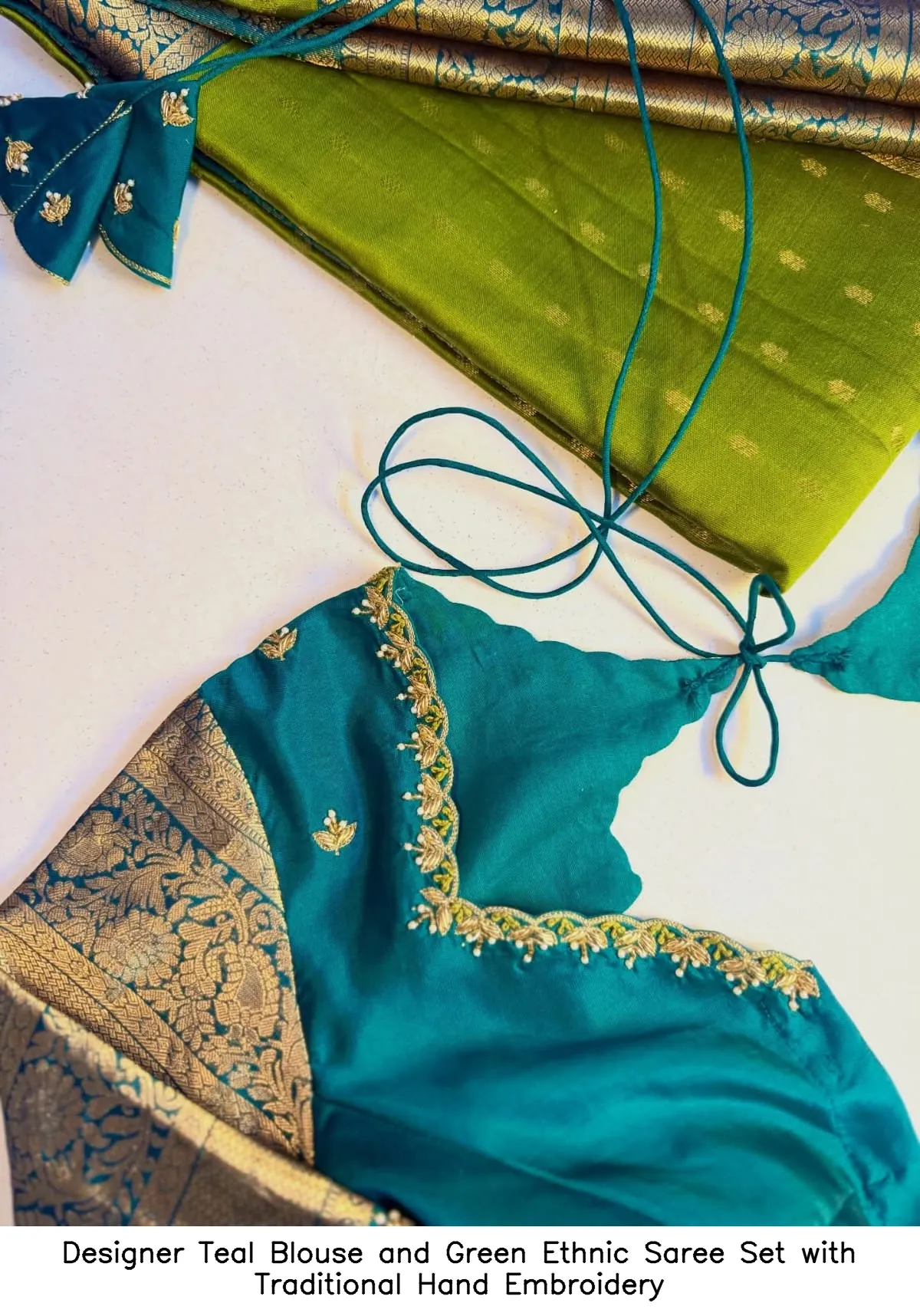 Designer Teal Blouse and Green Ethnic Saree Set with Traditional Hand Embroidery 2