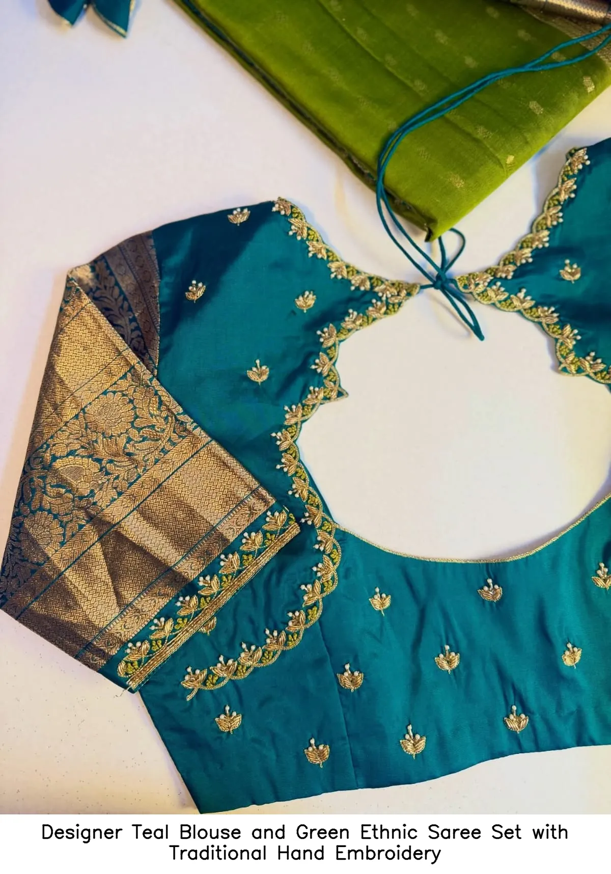 Designer Teal Blouse and Green Ethnic Saree Set with Traditional Hand Embroidery 4