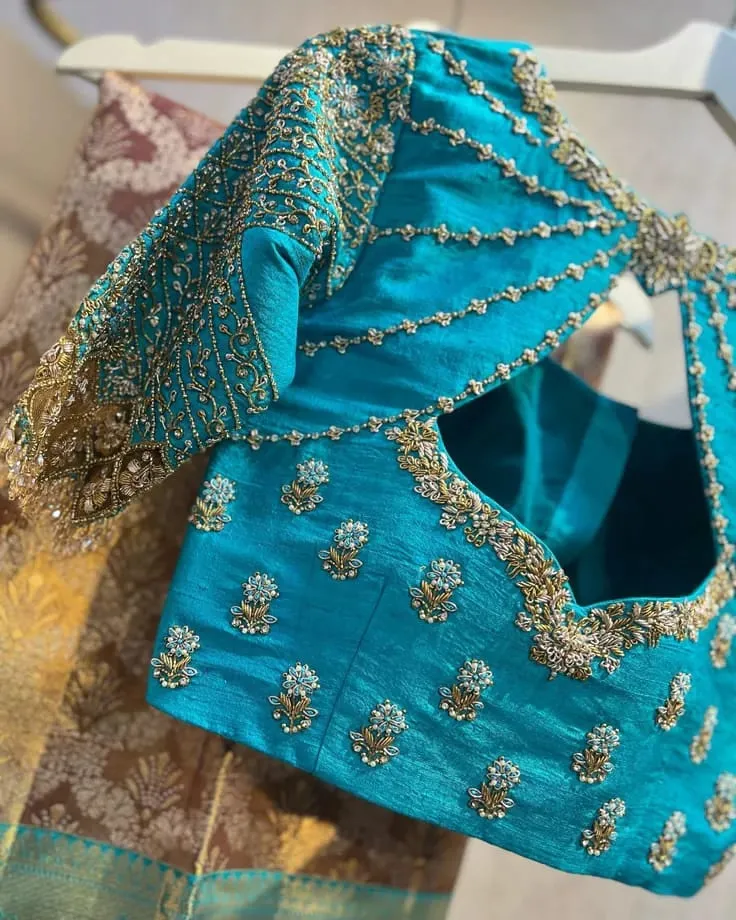 Designer Teal Blue Silk Blouse with Gold Zardosi Stripe & Keyhole Embroidery 1