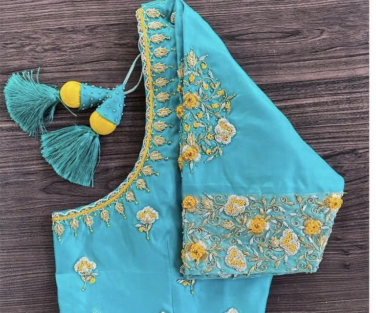 Designer Turquoise Silk Blouse with Yellow & Silver Floral Threadwork Embroidery 1
