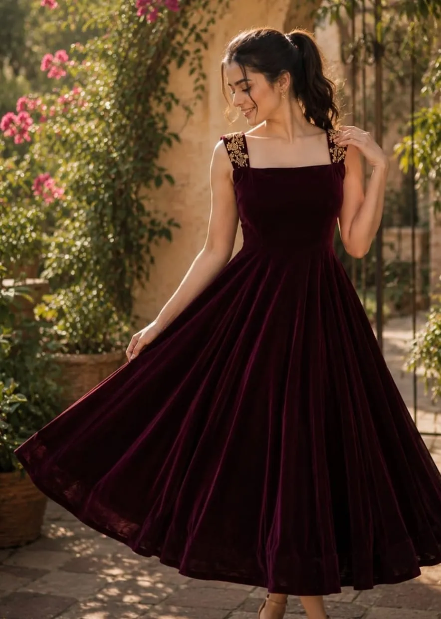Designer Velvet Party Wear Dress for Women | Stylish Maroon Festive Outfit