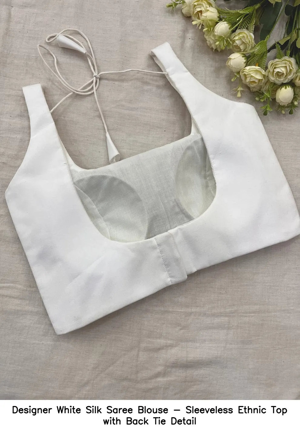 Designer White Silk Saree Blouse - Sleeveless Ethnic Top with Back Tie Detail 2