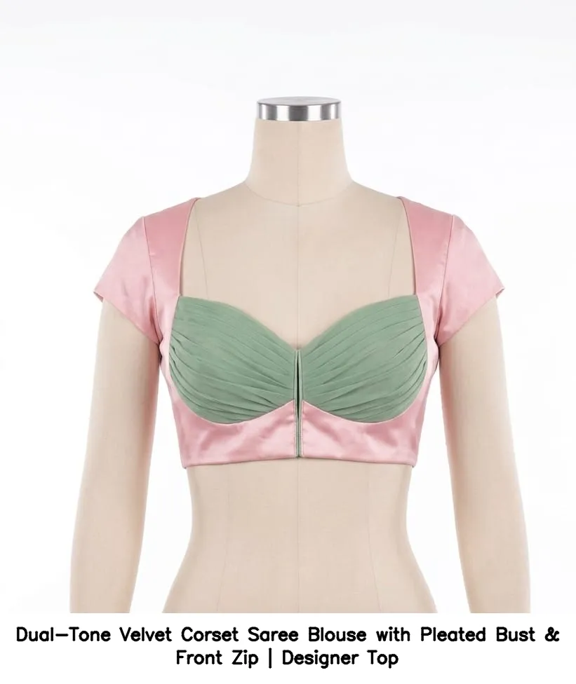 Dual-Tone Velvet Corset Saree Blouse with Pleated Bust & Front Zip | Designer Top 10